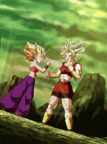 a couple of anime characters standing next to each other on a hill