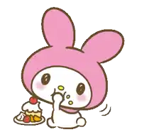 a cartoon of a pink bunny eating a cake