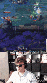 a man wearing sunglasses and headphones is playing a video game with the words gifrun.com on the bottom