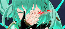 a girl with green hair is covering her face with her hands and has a red light coming out of her eyes .