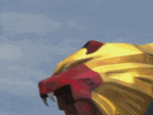a blurry picture of a monster with a red head and yellow teeth