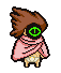a pixel art drawing of a person wearing a pink shawl and headphones .