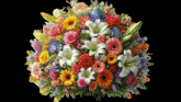 a bouquet of colorful flowers including roses and lilies on a black background