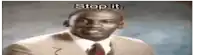 a man in a suit and tie is making a funny face and saying `` stop it '' .