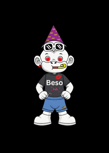 a cartoon character is wearing a party hat and sunglasses and has a shirt that says beso