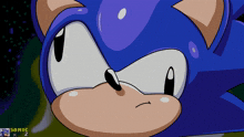 a close up of a sonic the hedgehog 's face with the letters sonic on the bottom right
