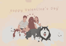 a happy valentine 's day greeting card with a man and woman surrounded by dogs