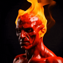 a painting of a man with flames coming out of his face