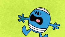 a blue cartoon character with arms and legs is running on a green background .