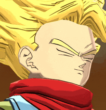 a cartoon character with yellow hair and a red scarf around his neck