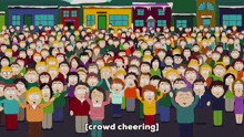 a crowd of people standing in front of a row of houses with the words crowd cheering written below them