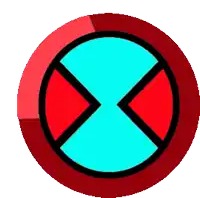 a red and blue circle with a black x in the middle