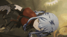 a cartoon character with blue hair and a red jacket