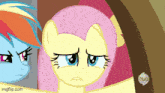 rainbow dash and fluttershy from my little pony are looking at something