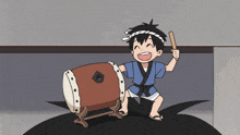 a cartoon boy is playing a drum with a stick