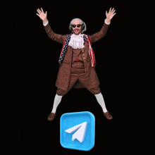 a man in a suit and headphones is jumping in the air next to a telegram icon