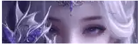 a close up of a woman 's eyes with purple hair and a purple crown .
