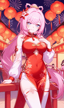 a girl with pink hair is wearing a red dress with flowers on it