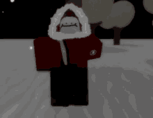 a cartoon character is standing in the snow wearing a red jacket and a white mask .