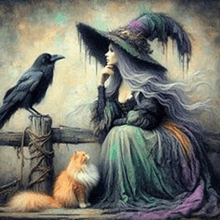 a witch is sitting next to a cat and a crow on a fence post .
