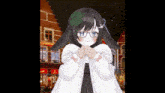 a girl with glasses and a clover in her hair is wearing a white coat