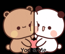 a couple of teddy bears holding a heart with the words you and me written below them