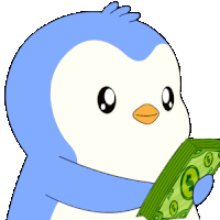 a blue and white penguin is holding a stack of green dollar bills