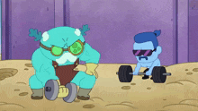 a blue cartoon character is lifting a barbell