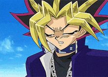 a close up of a cartoon character with yellow hair and a purple jacket .