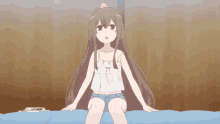 a girl with long brown hair is sitting on a bed with a yellow bird on her head
