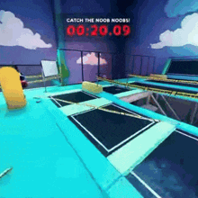 a trampoline with a timer that says catch the noob noobs 00 : 20 : 09