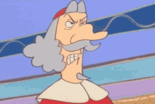 a cartoon drawing of a man with a beard and mustache making an angry face .