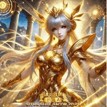 a poster for museum bola situs slot gacor 2021 shows a woman in gold armor