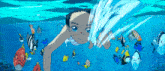 a cartoon drawing of a girl swimming in the ocean surrounded by fish