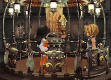 two cartoon characters are standing in a cage with the letter d on the top