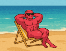 a red cartoon character is sitting in a beach chair