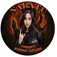 a logo for naratu community keramat durjana with a woman in a black jacket