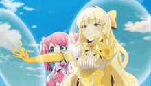 two anime girls are standing next to each other in a bubble