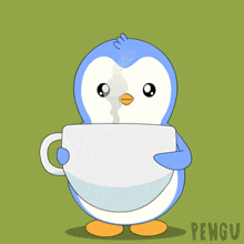 a penguin holding a cup of coffee with the words " no coffee " below it