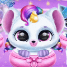a baby unicorn with a rainbow mane is wearing a pink dress and a pink purse .
