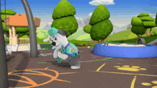 a cartoon of a dog in a park with a blue pool in the background