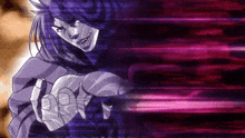 a cartoon character is pointing at the camera with a purple background and a purple light coming out of his hand .