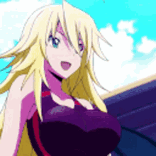 a blonde anime girl with a large breast is wearing a purple top and standing in front of a blue sky .