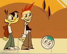 two cartoon characters are standing next to each other and a cartoon character with a face that says 00 on it