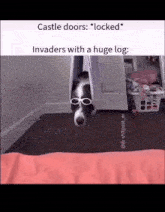 a dog wearing glasses is hanging from a door with the caption castle doors * locked * invaders with a huge log