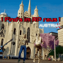 a couple of people standing in front of a building with the words " find 's im rp raus "