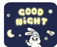 a cartoon bunny says good night with a crescent moon in the background