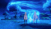a man and a woman are standing in front of a blue waterfall