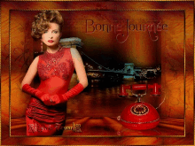 a woman in a red dress stands in front of a red telephone with the words bonne journee written above her
