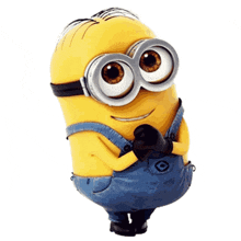a cartoon minion wearing overalls and goggles with two eyes